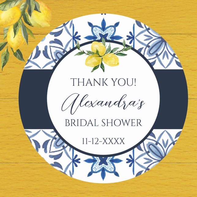 Blue Italian Yellow Lemon Bridal Shower Thank You Classic Round Sticker (Creator Uploaded)