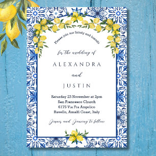 Blue Italian Yellow Lemon Mediterranean Wedding Invitation