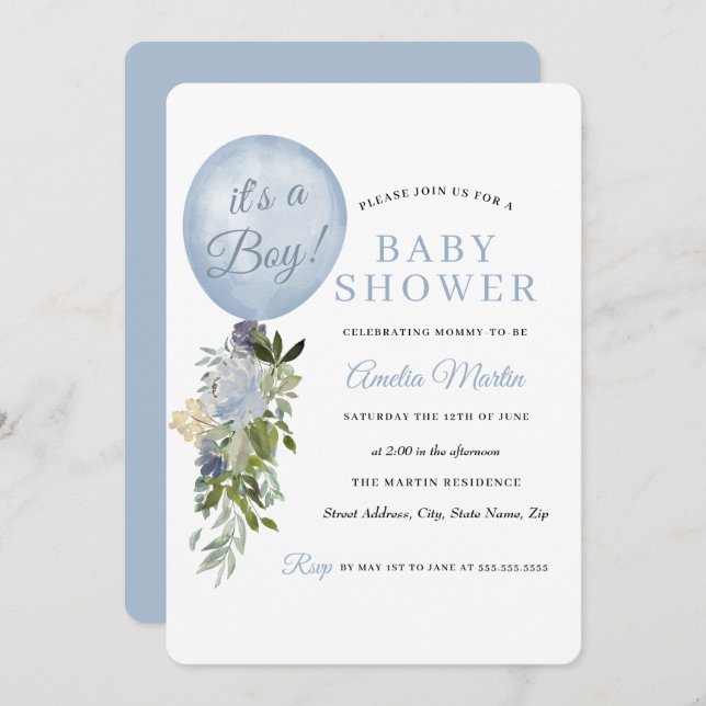 Blue It's a Boy Balloon Baby Shower Invitation (Front/Back)