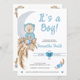 Blue It's A Boy Boho Bear Moon Baby Shower Invitation