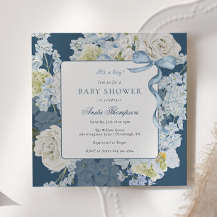 Blue It's a Boy Floral Bow Baby Shower Invitation