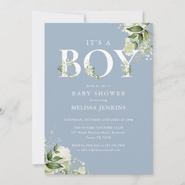 Blue Its A Boy Greenery All In One Baby Shower Invitation (Front)