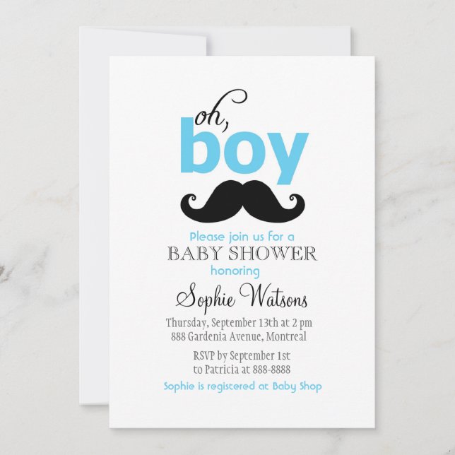 Blue It's a Boy Moustache Baby Shower Invitations (Front)