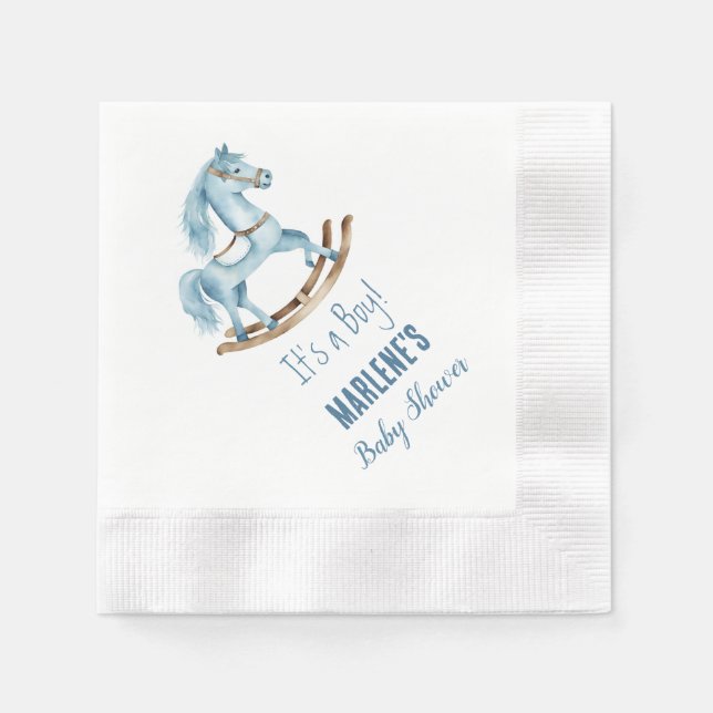 Blue It's A Boy Rocking Horse Baby Shower Napkins (Front)