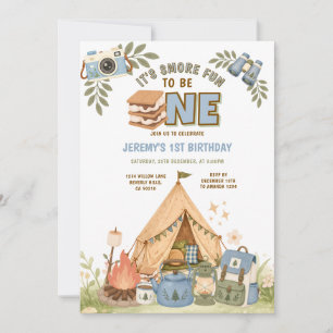 Blue It's Smore Fun to Be One Birthday Marshmallow Invitation