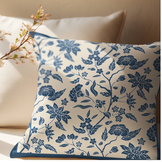 Blue Ivory Chinoiserie Floral Pattern Cushion (Creator Uploaded)
