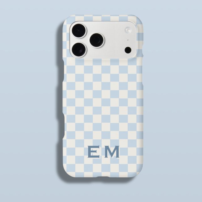 Blue Ivory Coastal Checkerboard Checker Initial (Soft Sky Blue Checker Chess Board Phone Case with Custom Initials)