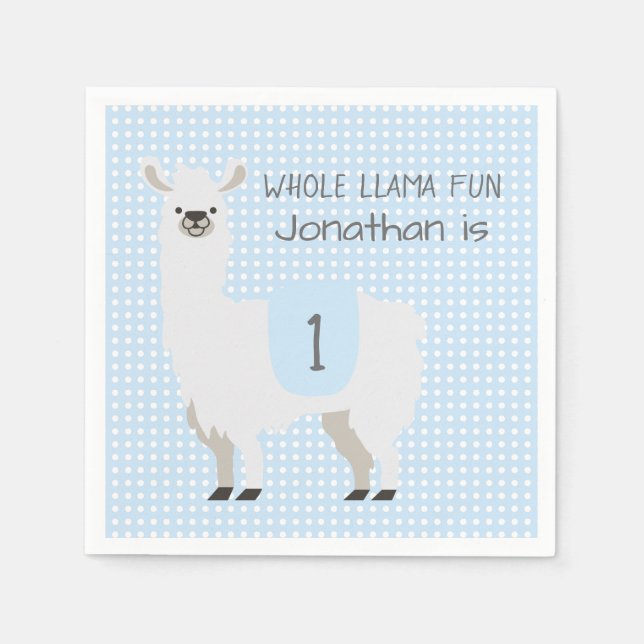 Blue & Ivory Cute Llama Kid 1st Birthday Napkin (Front)