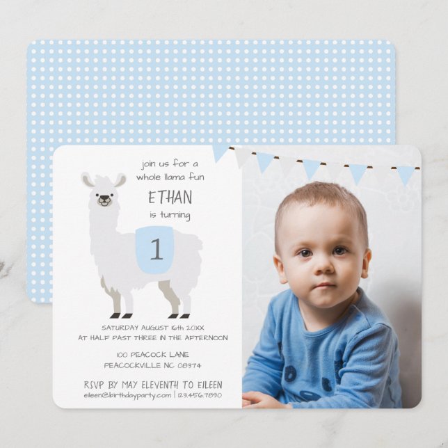 Blue & Ivory Cute Llama Kids Birthday Party Invitation (Front/Back)