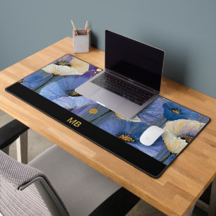Blue Ivory Floral Gold Luxury Monogram Desk Mat