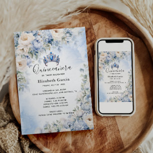 Blue & Ivory Floral Quinceañera Invitation