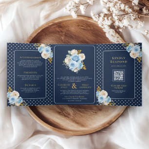 Blue Ivory Floral Roses All in One Navy Wedding Tri-Fold Invitation