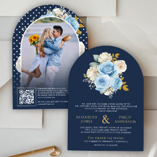 Blue Ivory Floral Roses QR Code Photo Navy Wedding Invitation