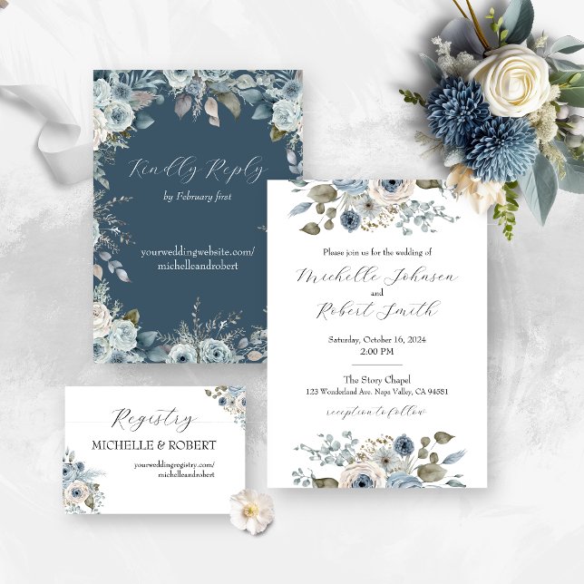 Blue & Ivory Floral Wedding Invitation (Creator Uploaded)