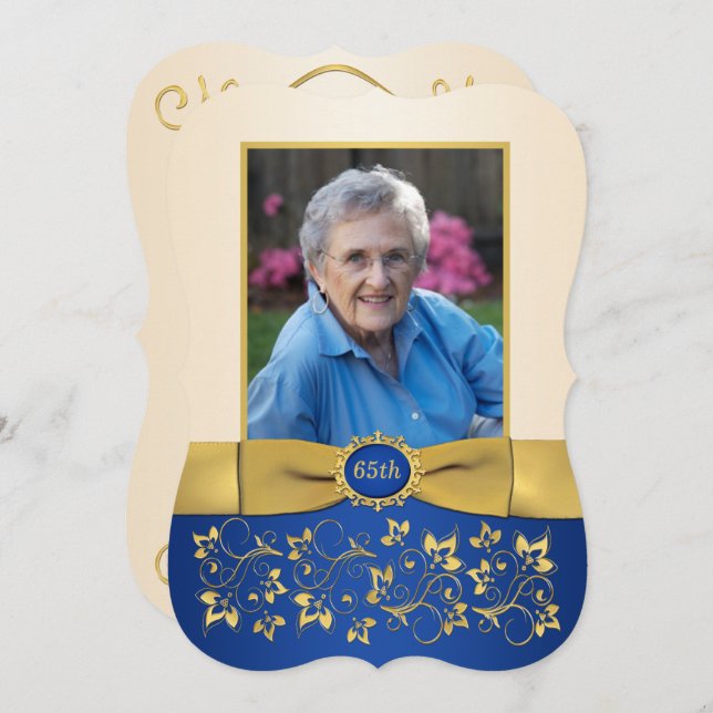 Blue, Ivory, Gold 65th Photo Birthday Invitation (Front/Back)