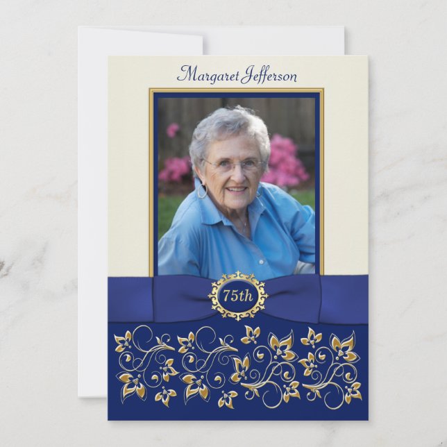 Blue, Ivory, Gold 75th Photo Birthday Invitation (Front)
