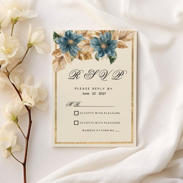 Blue ivory gold fall spring floral RSVP Invitation (Blue ivory gold fall spring floral RSVP )