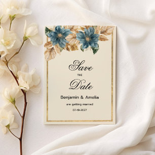 Blue ivory gold fall spring floral Save the Date  Invitation