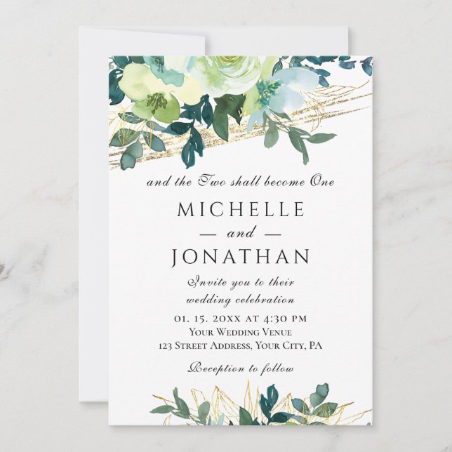 Blue Ivory Gold Floral Greenery Christian Wedding Invitation (Front)