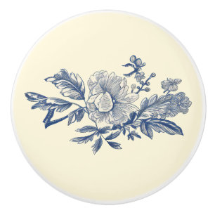 Blue Ivory Toile Peony Detail Ceramic Knob