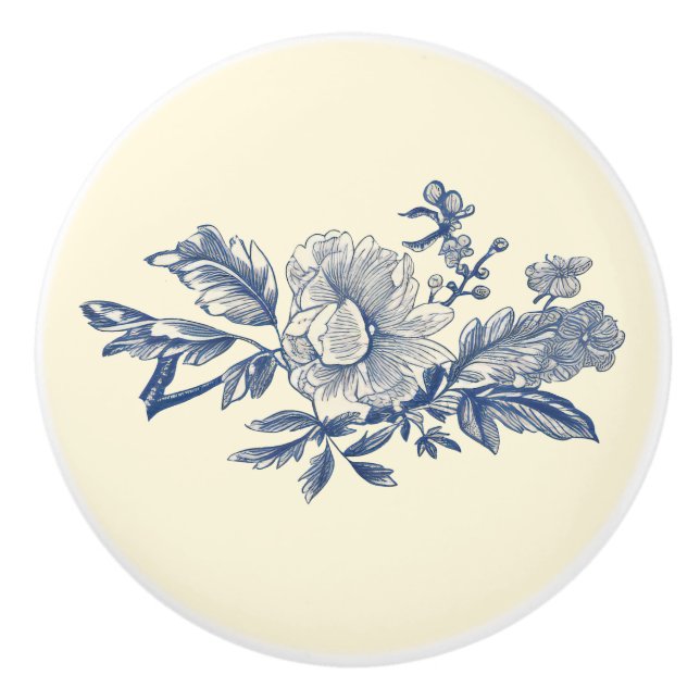 Blue Ivory Toile Peony Detail Ceramic Knob (Front)