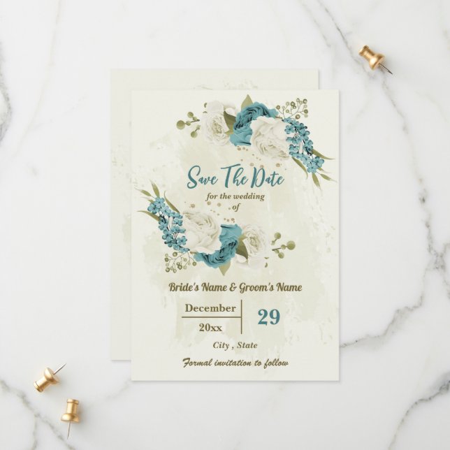 blue ivory white flowers save the date (Front/Back In Situ)