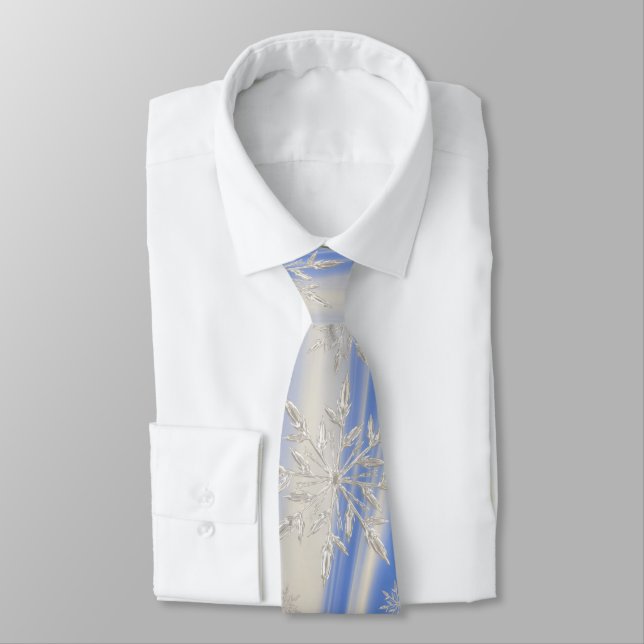 Blue & Ivory Winter Snow and Ice Snowflake Swirl Tie (Tied)