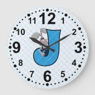 Blue Jackrabbit Letter J Boy's Monogram Large Clock