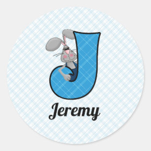 Blue Jackrabbit Monogram Letter J and Name Classic Round Sticker