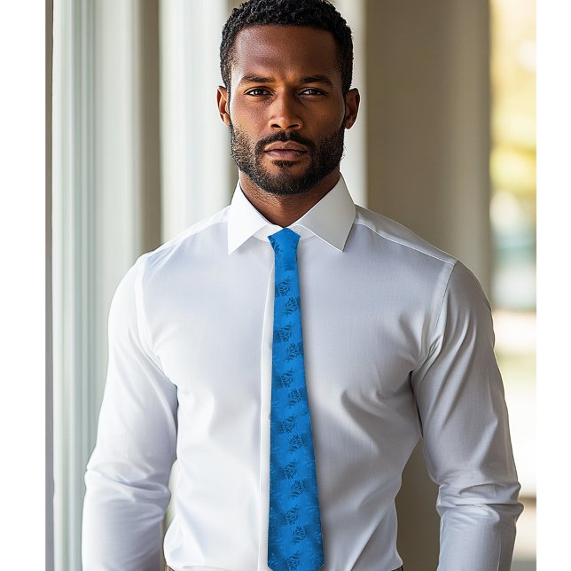 Blue Jacquard Satin Elegant  Tie (Man wearing blue tie)