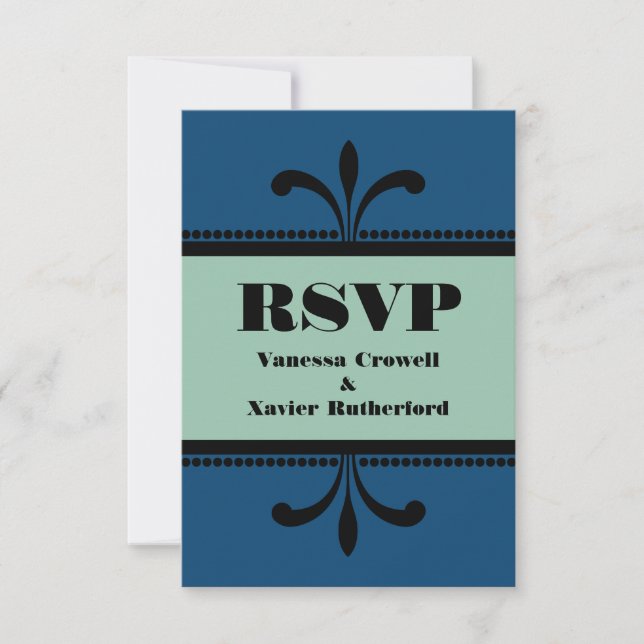 Blue/Jade Fancy Art Deco RSVP Card (Front)