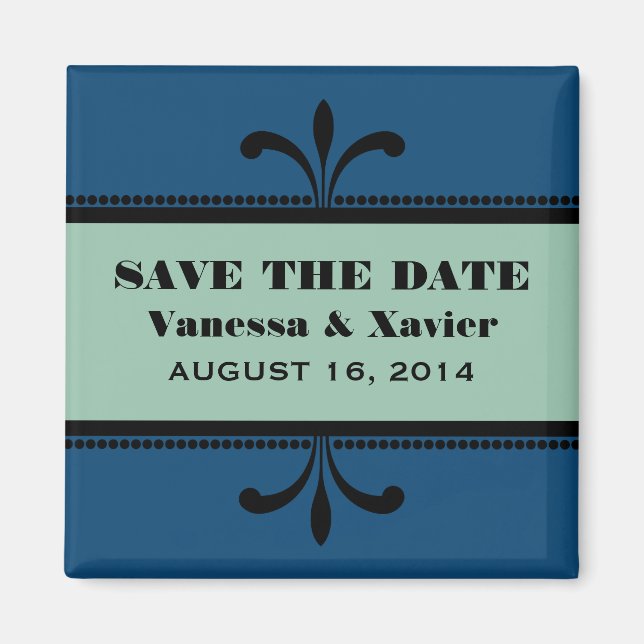 Blue/Jade Fancy Art Deco Save the Date Magnet (Front)