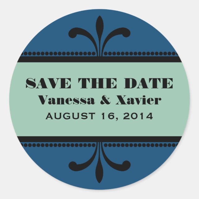 Blue/Jade Fancy Art Deco Save the Date Stickers (Front)