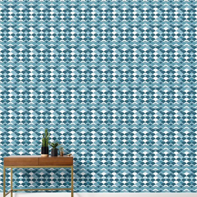 Blue Japanese Fan Print Pattern Wallpaper (Hallway)