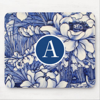 BLUE JAPANESE FLORAL DESIGN DIY INITIAL Mousepad