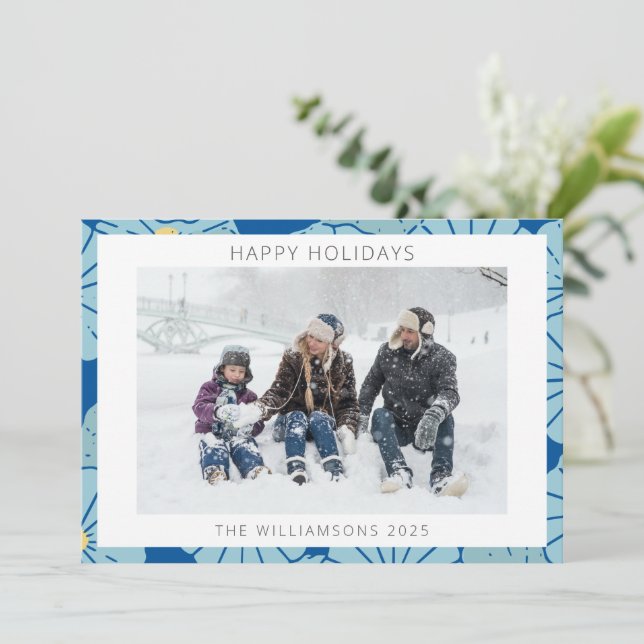 Blue Japanese Floral Pattern Custom Photo  Holiday Card (Standing Front)