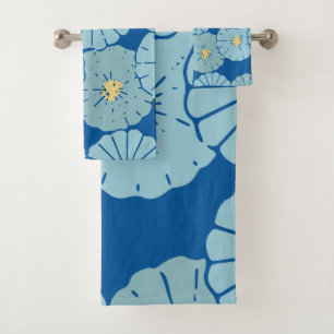 Blue Japanese Floral Pattern Illustration Bath Towel Set
