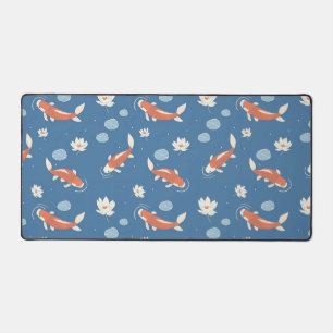 Blue Japanese Koi Fish and Lotus Pond Design Desk Mat