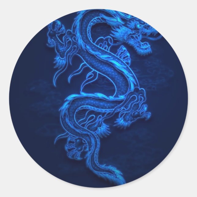 BLUE JAPANESE NEON DRAGON CLASSIC ROUND STICKER (Front)