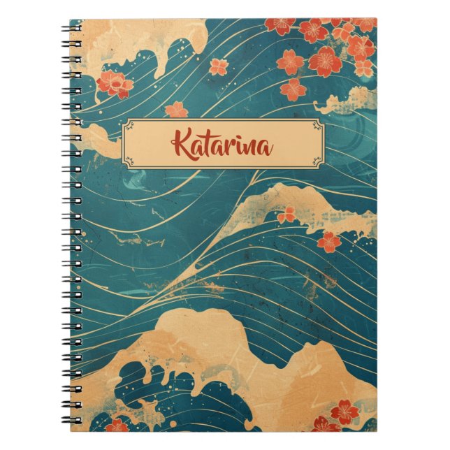 Blue Japanese Wave Cherry Blossoms Classic Pattern Notebook (Front)