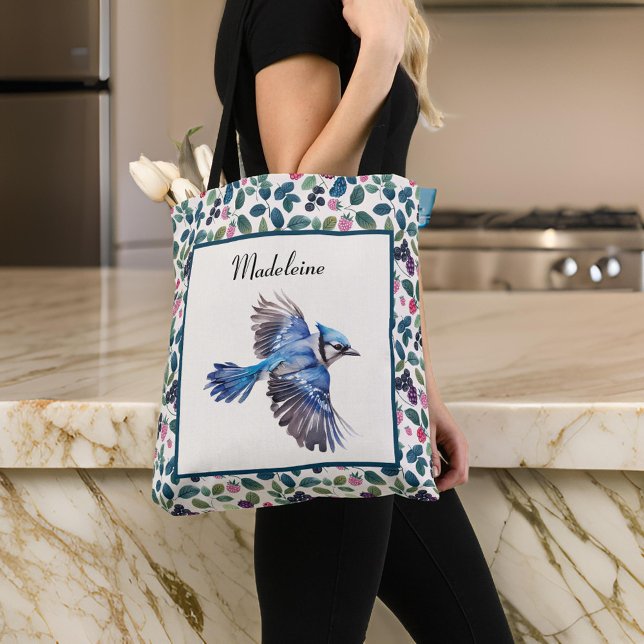 Blue Jay and Colourful Blue n Pink Berries Monogra Tote Bag (Creator Uploaded)