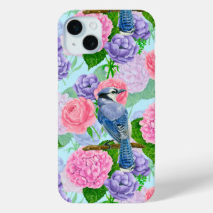 Blue jay and flowers watercolor pattern iPhone 15 mini case