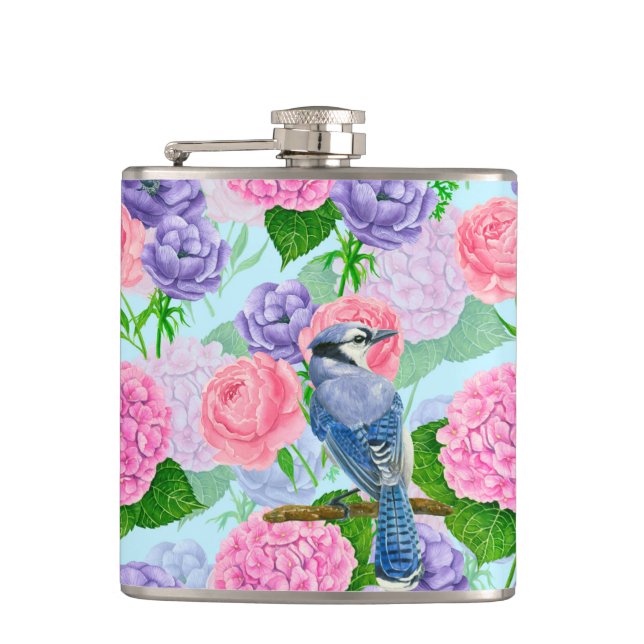 Blue jay and flowers watercolor pattern hip flask (Front)