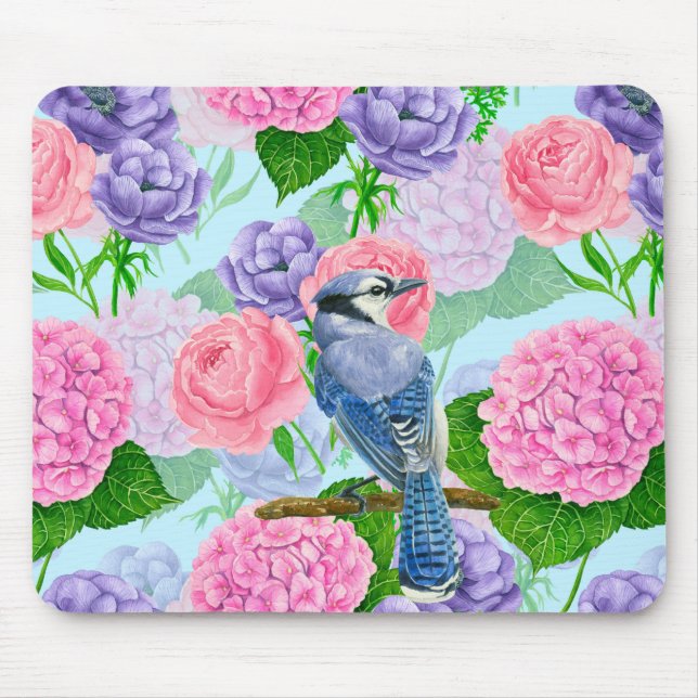 Blue jay and flowers watercolor pattern mouse pad (Front)