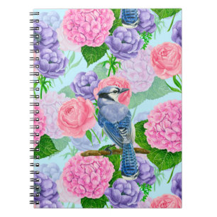 Blue jay and flowers watercolor pattern notebook