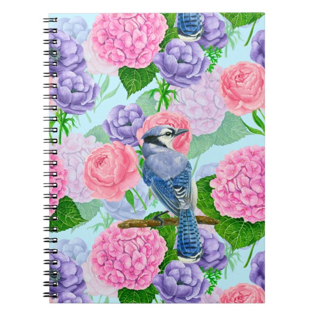 Blue jay and flowers watercolor pattern notebook (Front)