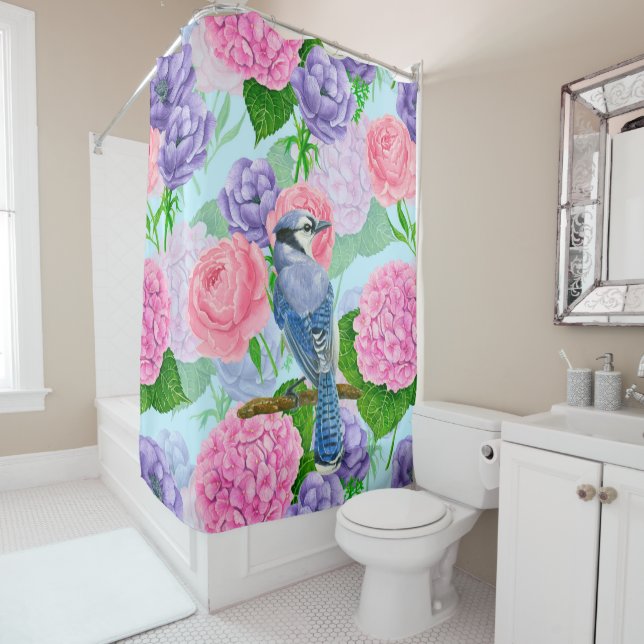 Blue jay and flowers watercolor pattern shower curtain (In Situ)