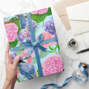 Blue jay and flowers watercolor pattern wrapping p paper