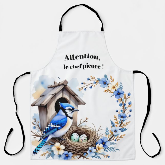 Blue Jay and Spring Nesting Box – Floral Wreath Apron (Front)