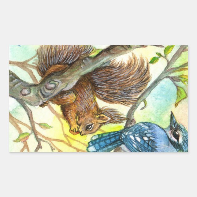 Blue Jay And Squirrel Rectangular Sticker (Front)